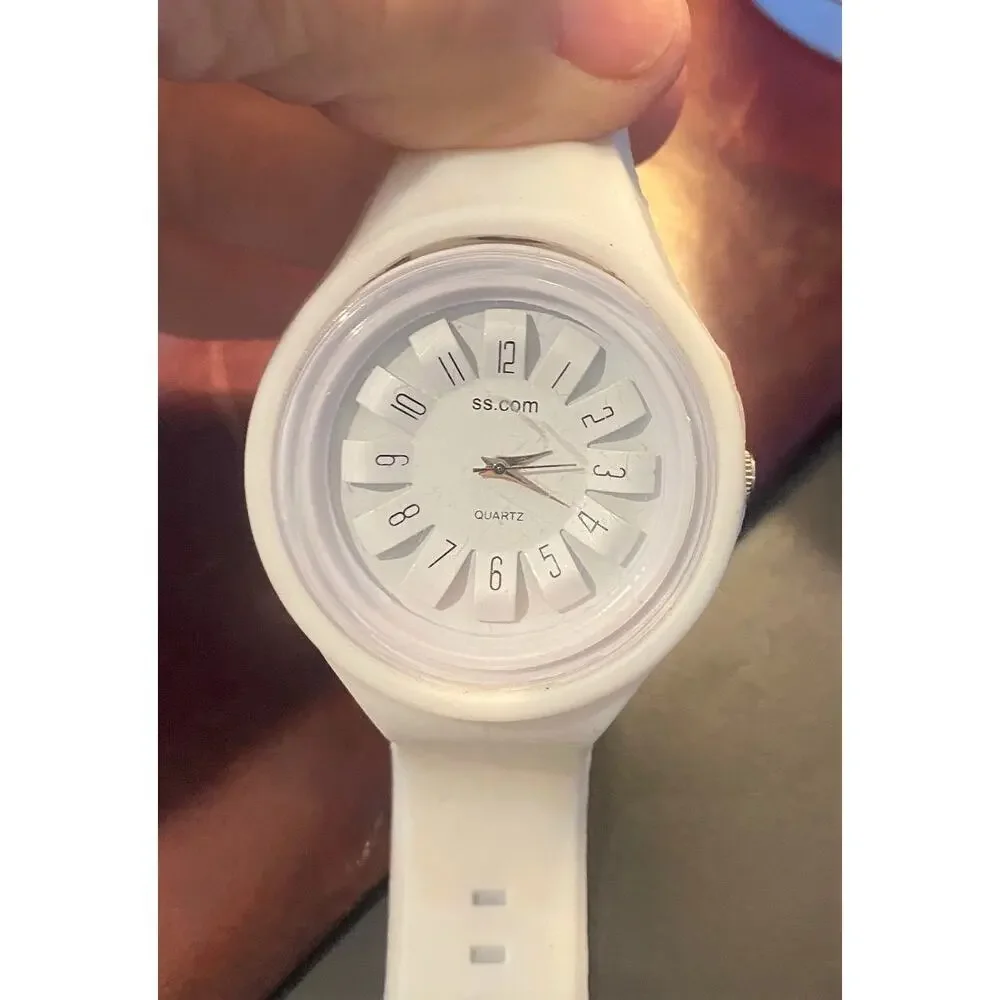 White Poly SS.Com Watch, Analog with Raised Black Numbers